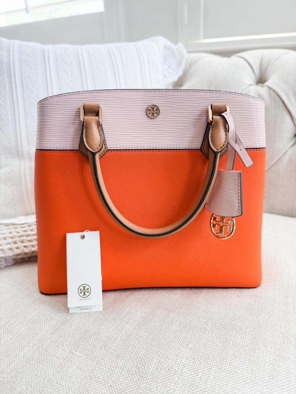 Tory Burch Orange & Blush Two-Tone Saffiano Leather Tote